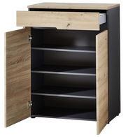 Garderobenschrank in Holzoptik mit schwarzem Korpus, geöffnete Türen und Schublade, frontale Perspektive