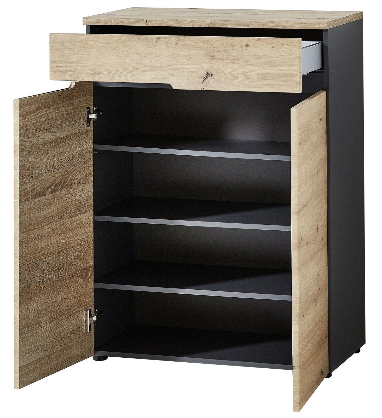 Garderobenschrank in Holzoptik mit schwarzem Korpus, geöffnete Türen und Schublade, frontale Perspektive