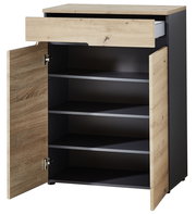 Garderobenschrank in Holzoptik mit schwarzem Korpus, geöffnete Türen und Schublade, frontale Perspektive