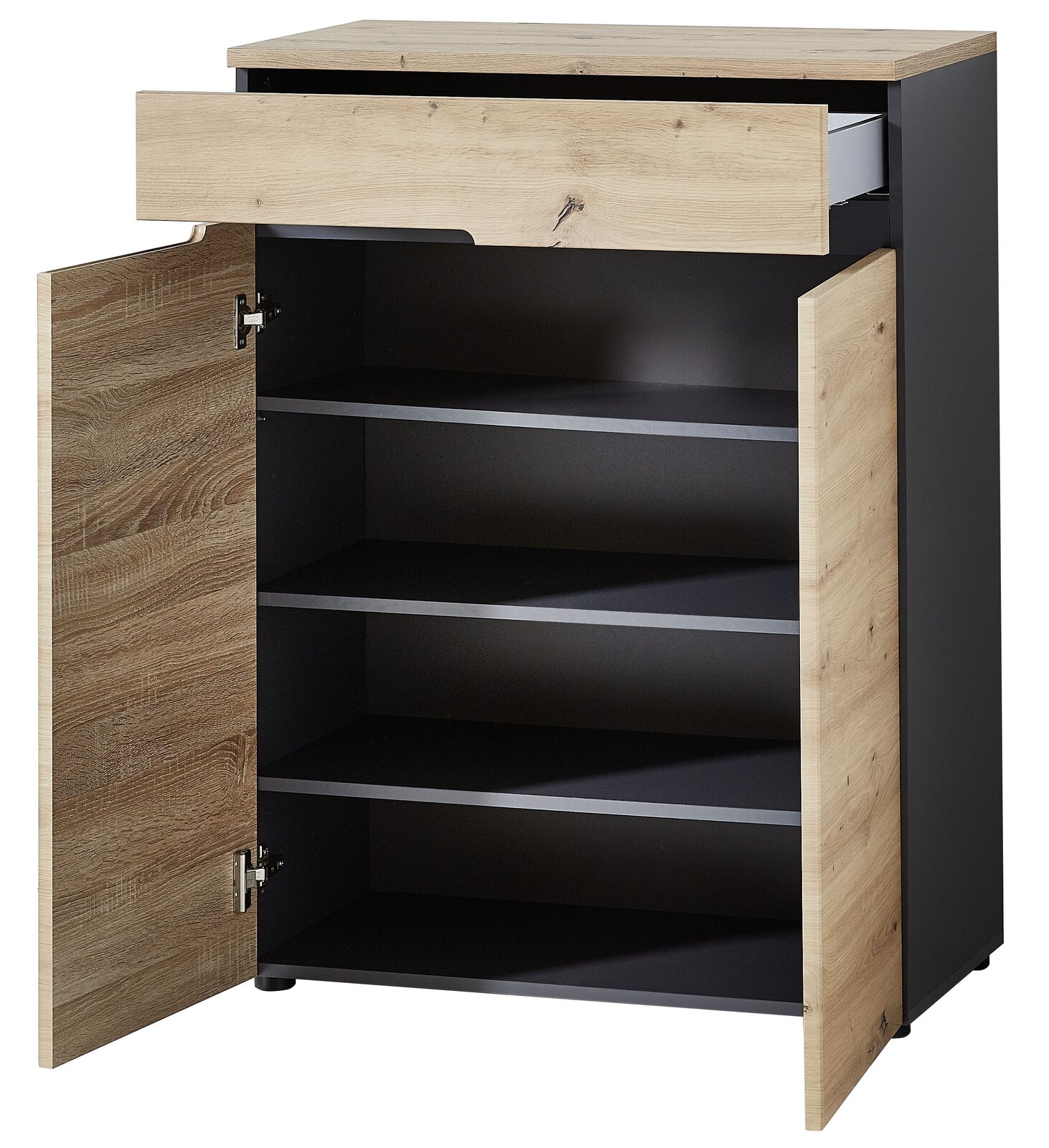 Garderobenschrank in Holzoptik mit schwarzem Korpus, geöffnete Türen und Schublade, frontale Perspektive