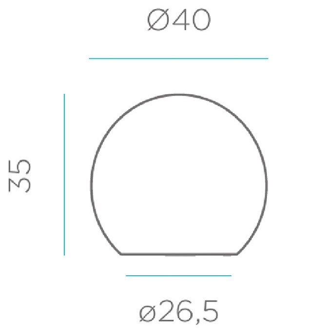 Technische Maßzeichnung einer runden Abdeckung mit abgeflachter Unterseite, Vorderansicht; Durchmesser 40 mm, Höhe 35 mm, Unterkante 26,5 mm