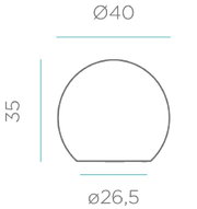 Technische Maßzeichnung einer runden Abdeckung mit abgeflachter Unterseite, Vorderansicht; Durchmesser 40 mm, Höhe 35 mm, Unterkante 26,5 mm