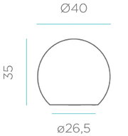 Technische Maßzeichnung einer runden Abdeckung mit abgeflachter Unterseite, Vorderansicht; Durchmesser 40 mm, Höhe 35 mm, Unterkante 26,5 mm