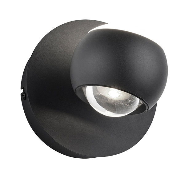 Moderne schwarze Wandleuchte CANNON mit kugelförmigem Design, seitliche Perspektive