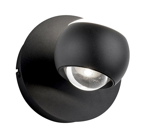 Moderne schwarze Wandleuchte CANNON mit kugelförmigem Design, seitliche Perspektive