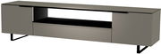Modernes XL TV-Lowboard in grauer Farbe mit offenen Fächern und schlanken Metallbeinen, seitliche Perspektive