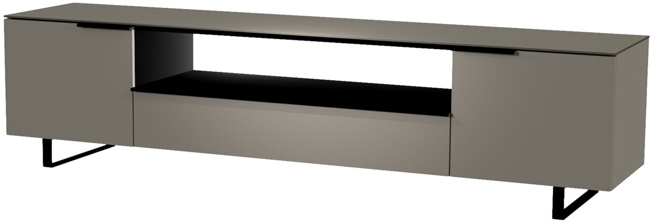 Modernes XL TV-Lowboard in grauer Farbe mit offenen Fächern und schlanken Metallbeinen, seitliche Perspektive