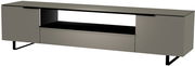 Modernes XL TV-Lowboard in grauer Farbe mit offenen Fächern und schlanken Metallbeinen, seitliche Perspektive