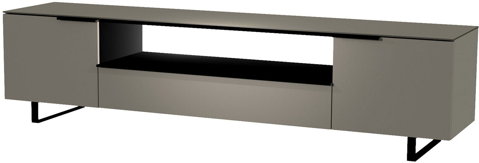 Modernes XL TV-Lowboard in grauer Farbe mit offenen Fächern und schlanken Metallbeinen, seitliche Perspektive