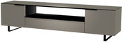 Modernes XL TV-Lowboard in grauer Farbe mit offenen Fächern und schlanken Metallbeinen, seitliche Perspektive