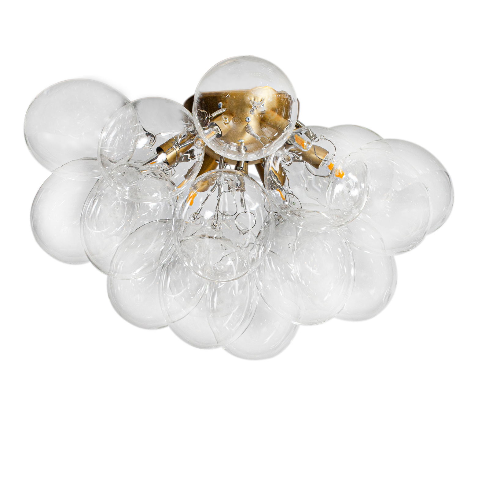 Pendelleuchte mit goldener Halterung und klaren Glaskugeln, von unten betrachtet