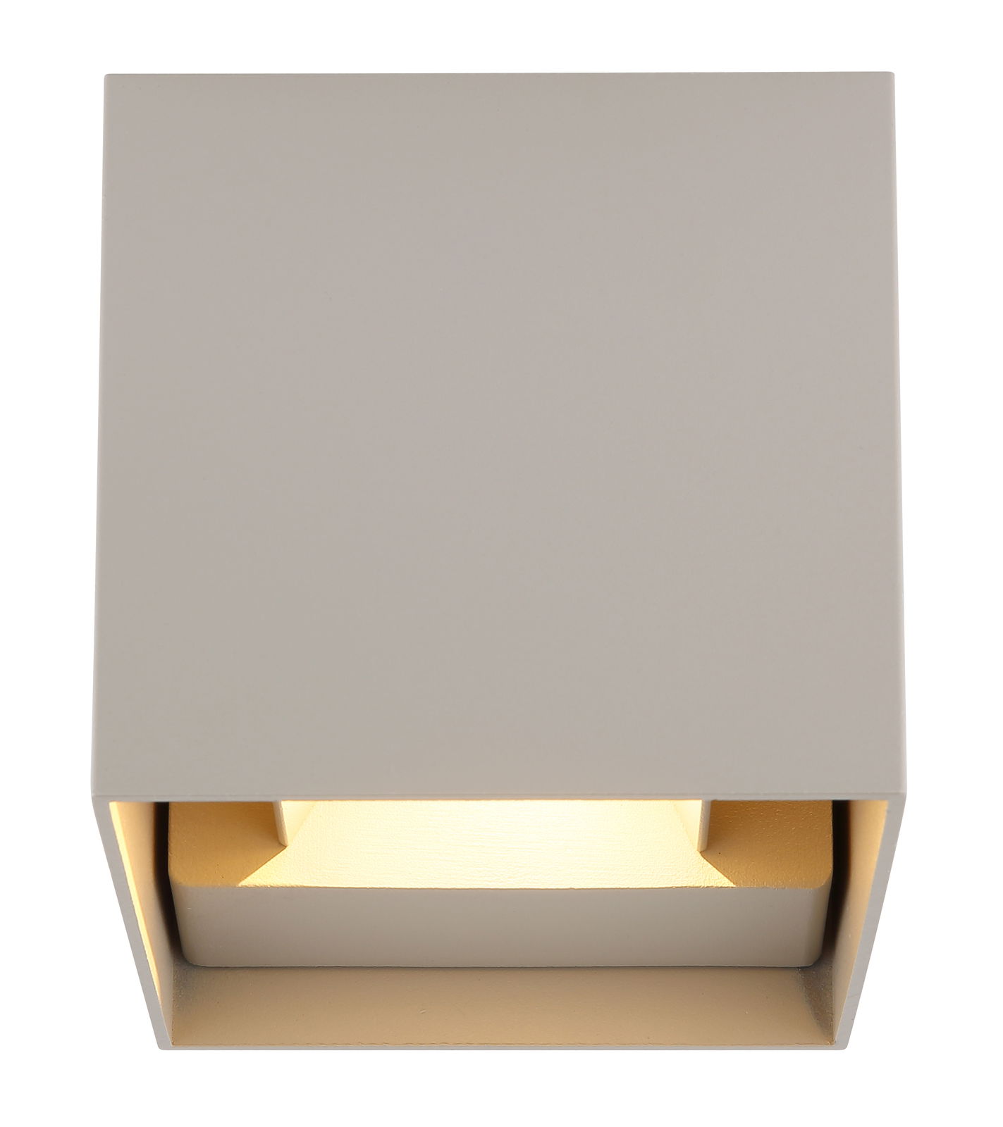 Moderne Außen-Wandleuchte in quadratischer Form, Ansicht von unten, mit warmem Lichtschein.