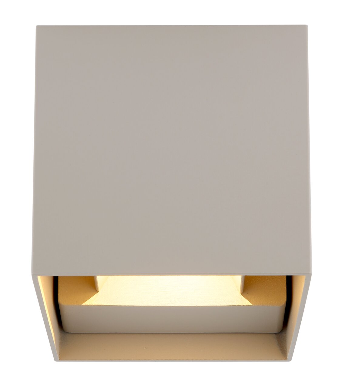 Moderne Außen-Wandleuchte in quadratischer Form, Ansicht von unten, mit warmem Lichtschein.