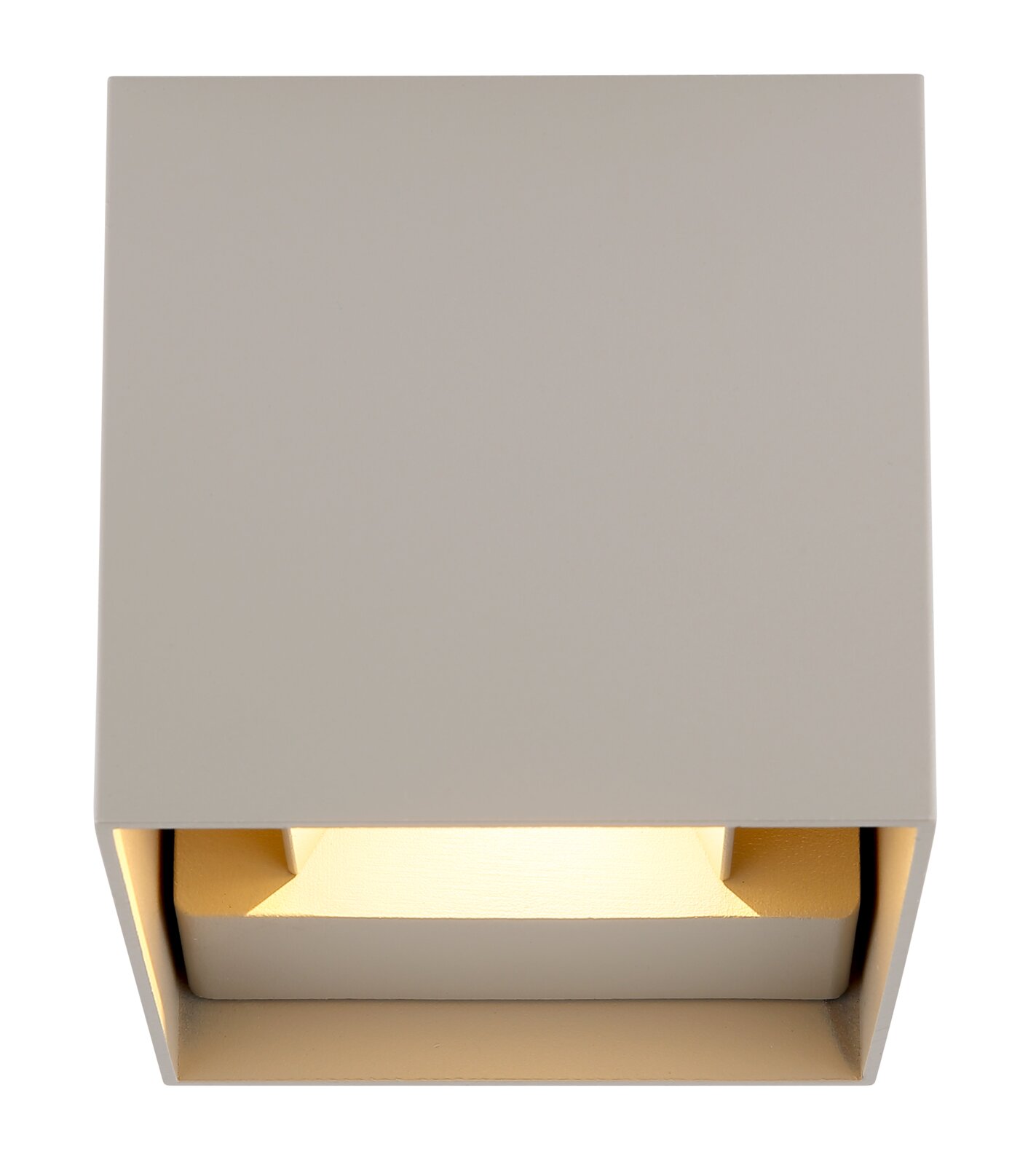 Moderne buitenwandlamp in vierkante vorm, gezien van onderaf, met een warme lichtuitstraling.