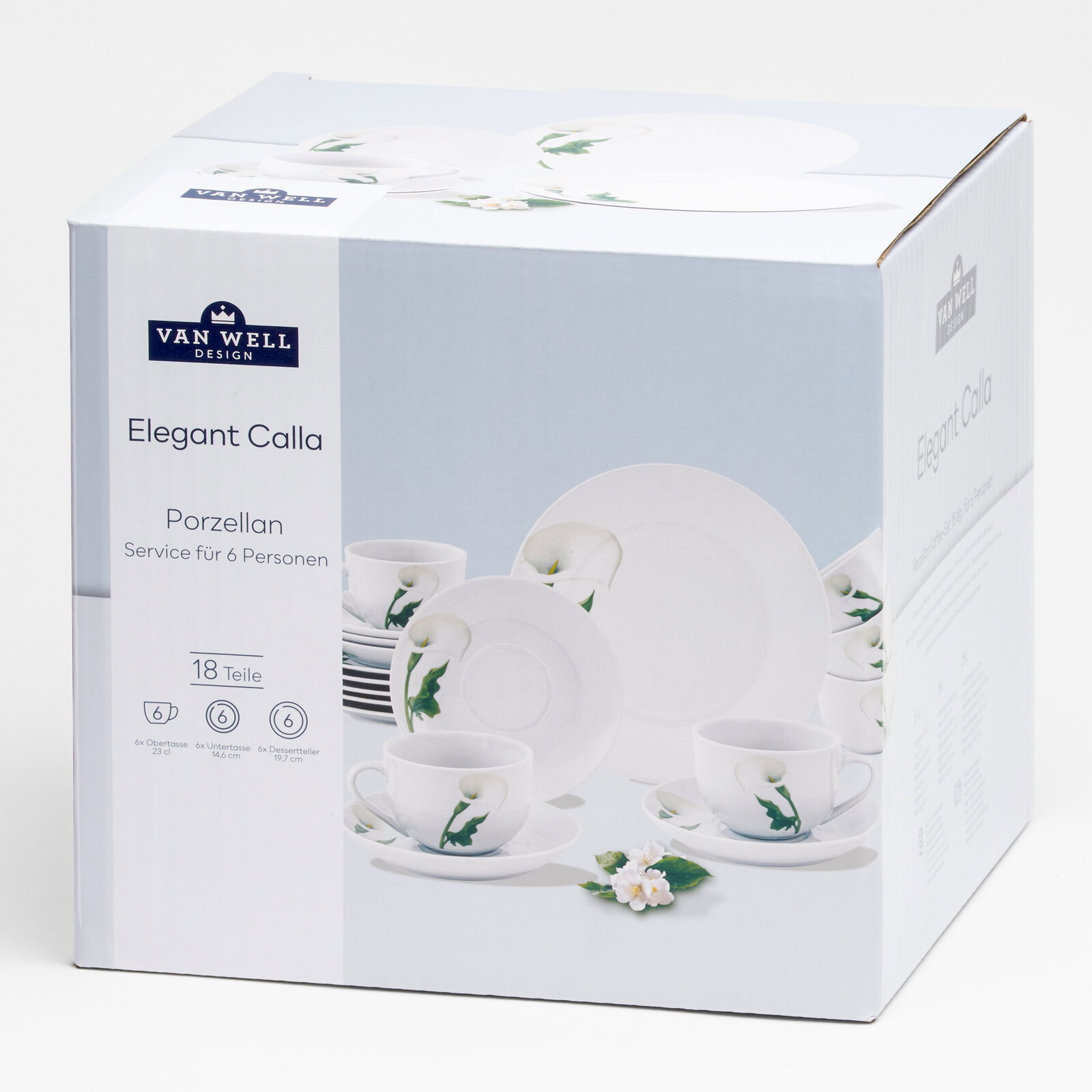 Produktverpackung des Van Well Design Porzellan-Services „Elegant Calla“ (18-teilig) für 6 Personen, mit Abbildung von Tassen, Untertassen und Desserttellern im Calla-Blüten-Design, schräg von vorne links fotografiert.