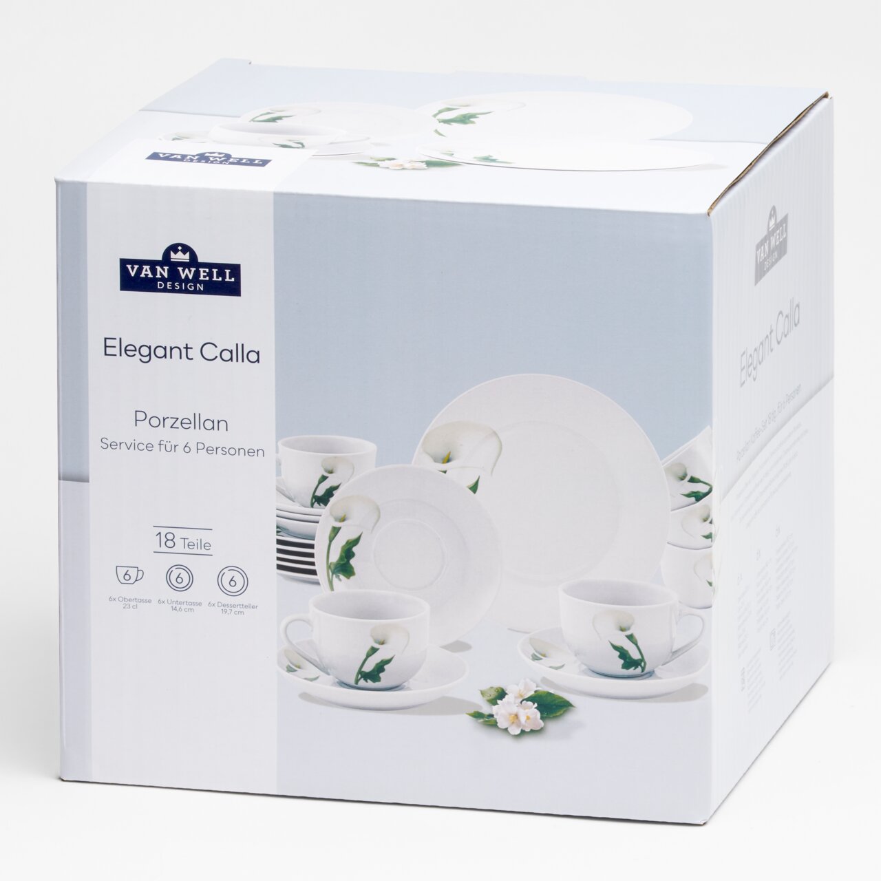 Produktverpackung des Van Well Design Porzellan-Services „Elegant Calla“ (18-teilig) für 6 Personen, mit Abbildung von Tassen, Untertassen und Desserttellern im Calla-Blüten-Design, schräg von vorne links fotografiert.