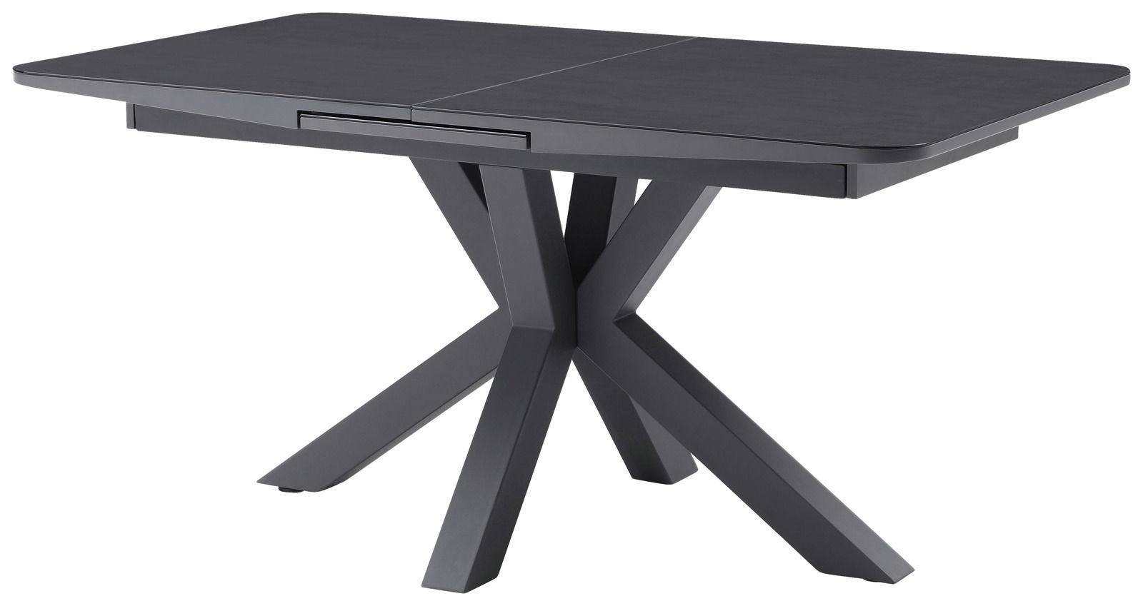 Moderner Esstisch mit schwarzer Tischplatte und gekreuztem Gestell, seitliche Perspektive