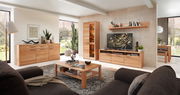 Moderne Wohnzimmeransicht mit einer Vitrine aus Holz, umgeben von stilvollen Möbeln und Dekorationen, aus der Perspektive eines gemütlichen Wohnzimmers.