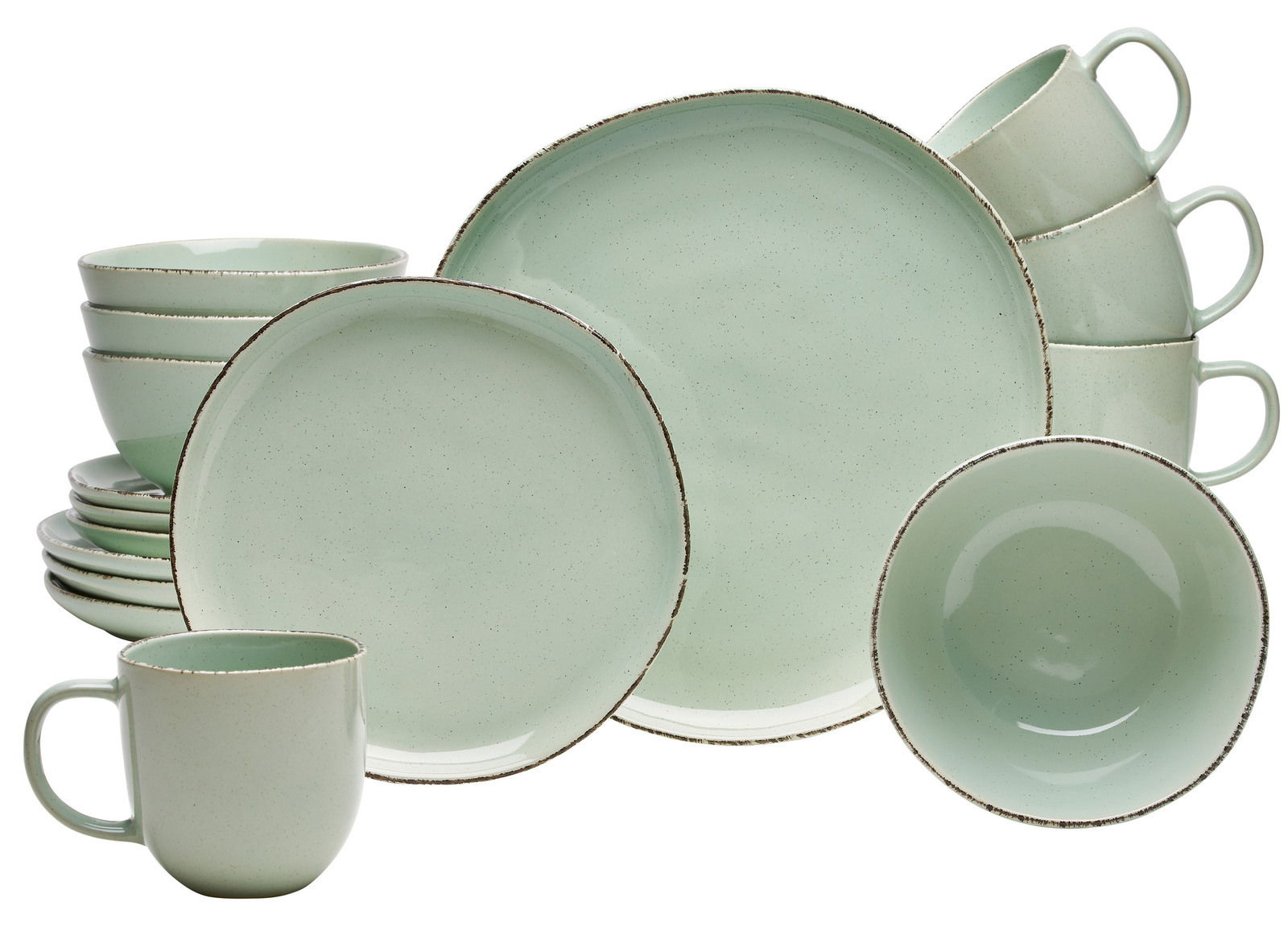 Kombiservice Urban 16-teilig von Van Well in sanftem Grün, bestehend aus Tellern, Schalen und Tassen, aus einer frontalen Perspektive fotografiert.