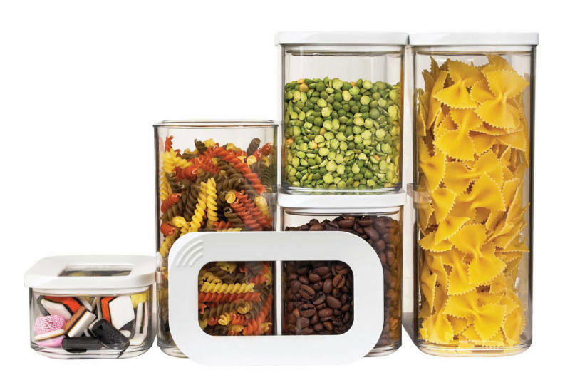 Vorderansicht eines 5-teiligen Modula Starter-Sets mit transparenten Vorratsdosen, gefüllt mit verschiedenen Lebensmitteln wie Nudeln, Erbsen und Süßigkeiten.