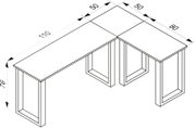 Isometrische Perspektive: Technische Strichzeichnung eines L-förmigen Schreibtisches/Ecktisches mit Maßangaben (Höhe ca. 76 cm, Schenkel ca. 110 cm und 80 cm, Eckplatte ca. 50 x 50 cm) und rechteckigen Rahmenbeinen.