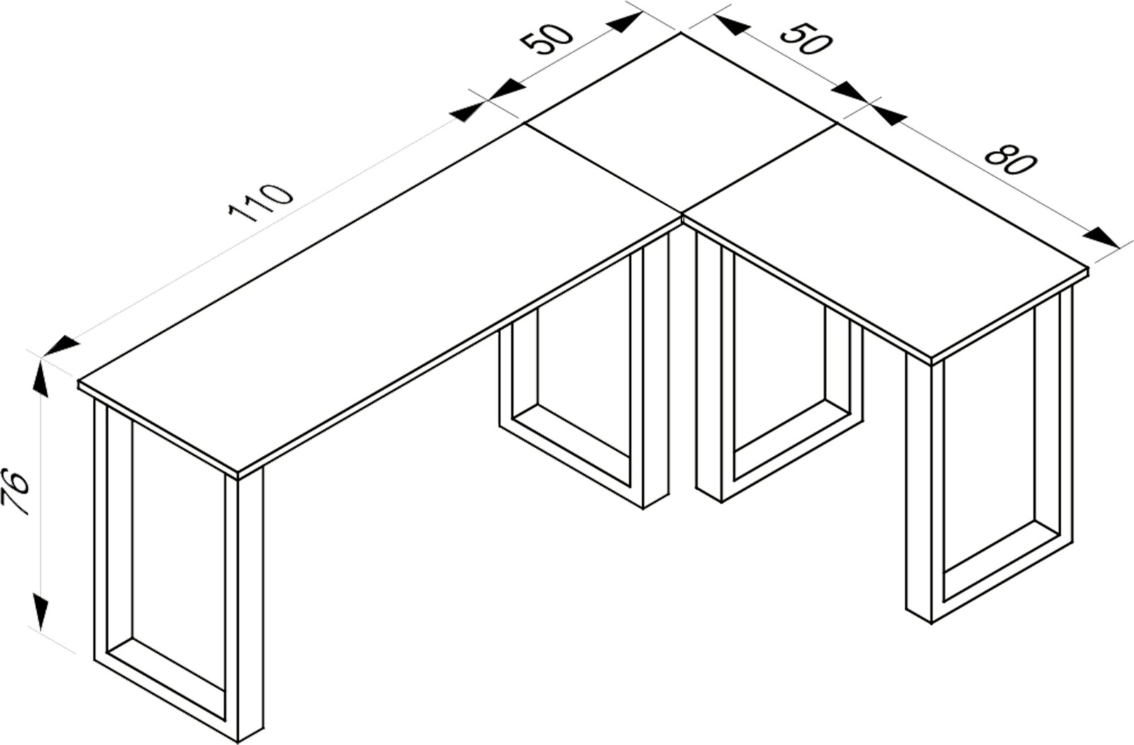Isometrische Perspektive: Technische Strichzeichnung eines L-förmigen Schreibtisches/Ecktisches mit Maßangaben (Höhe ca. 76 cm, Schenkel ca. 110 cm und 80 cm, Eckplatte ca. 50 x 50 cm) und rechteckigen Rahmenbeinen.