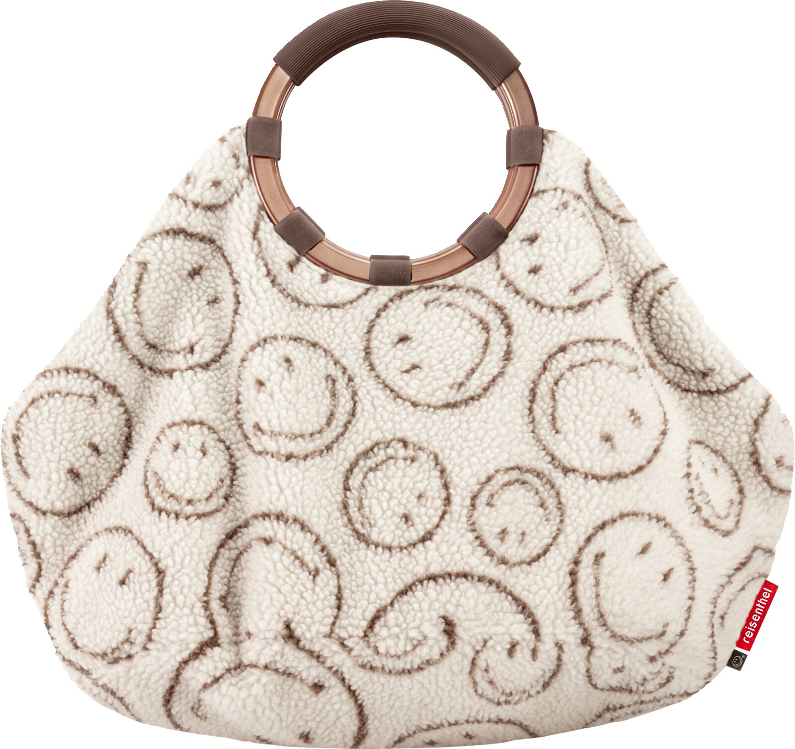 Flauschige cremefarbene Handtasche aus Teddy-Material mit braunem Spiral-Muster und rundem Tragegriff, Frontansicht vor weißem Hintergrund
