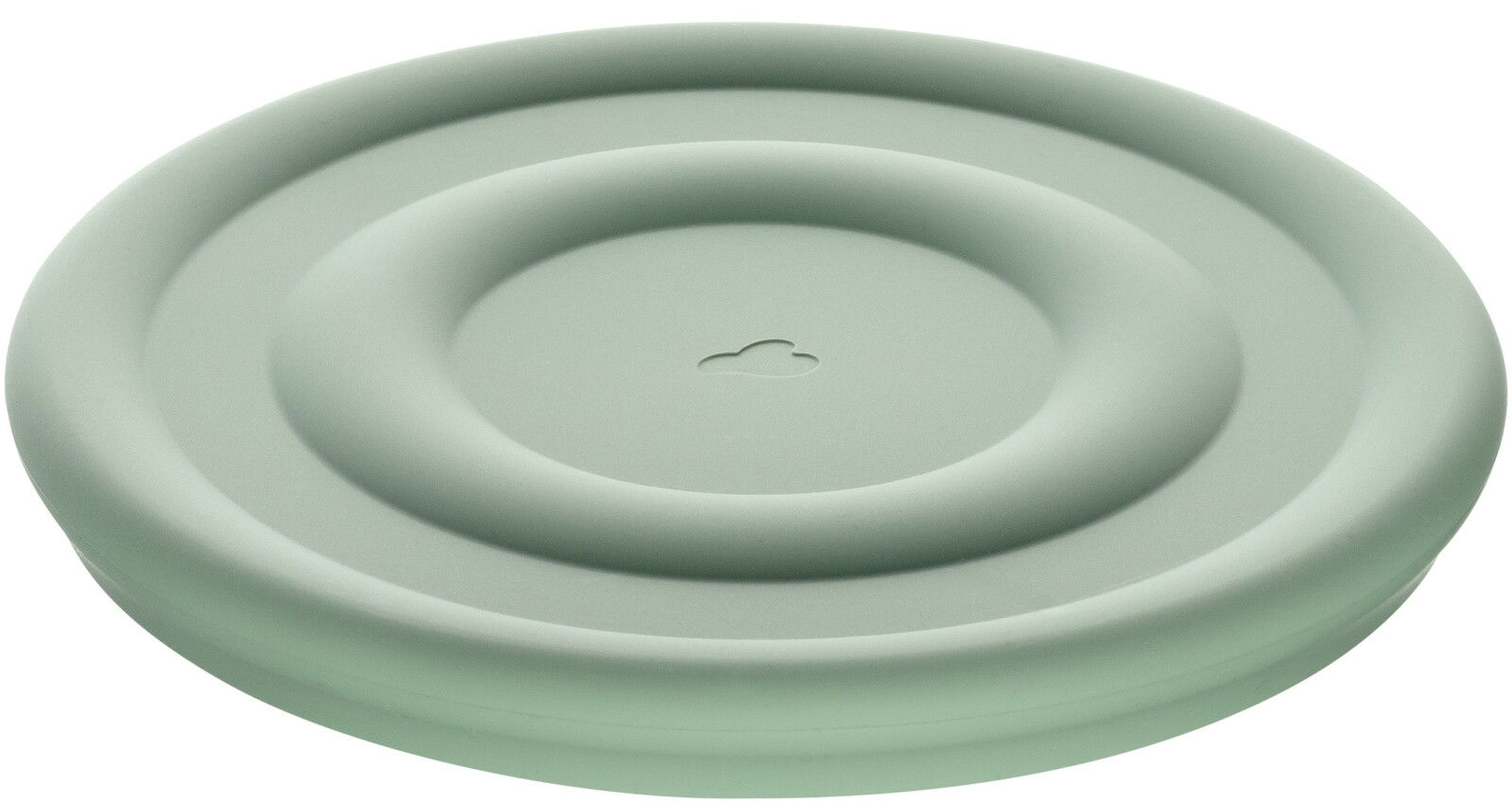 Leonardo Silikondeckel 14 salbei CUCINA Silikondeckel in Salbeigrün, von oben betrachtet, mit einem kleinen Wolkensymbol in der Mitte.