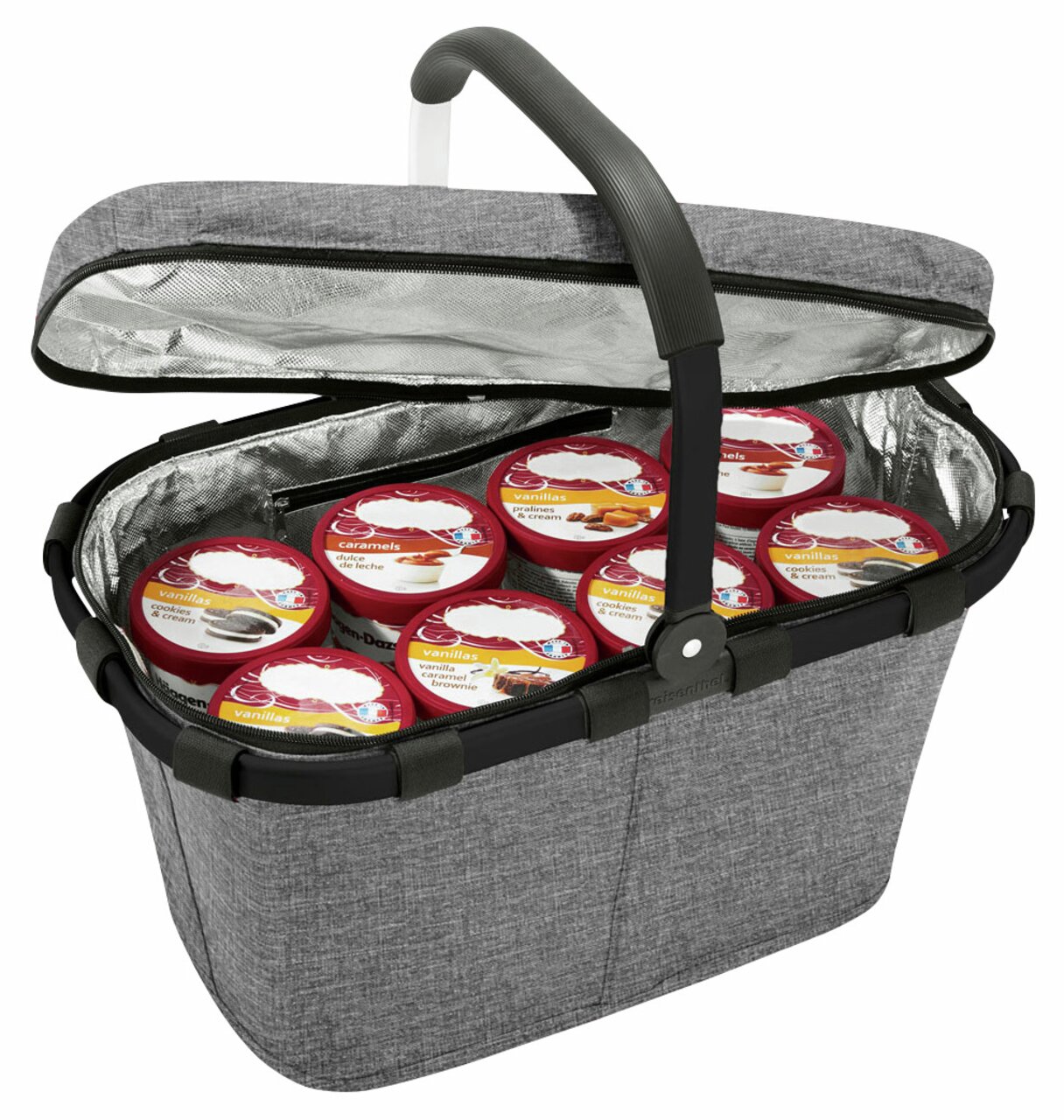 Grauer isolierter Einkaufskorb mit geöffnetem Deckel, gefüllt mit Eiscremebehältern, Ansicht von oben.