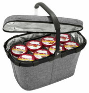 Grauer isolierter Einkaufskorb mit geöffnetem Deckel, gefüllt mit Eiscremebehältern, Ansicht von oben.