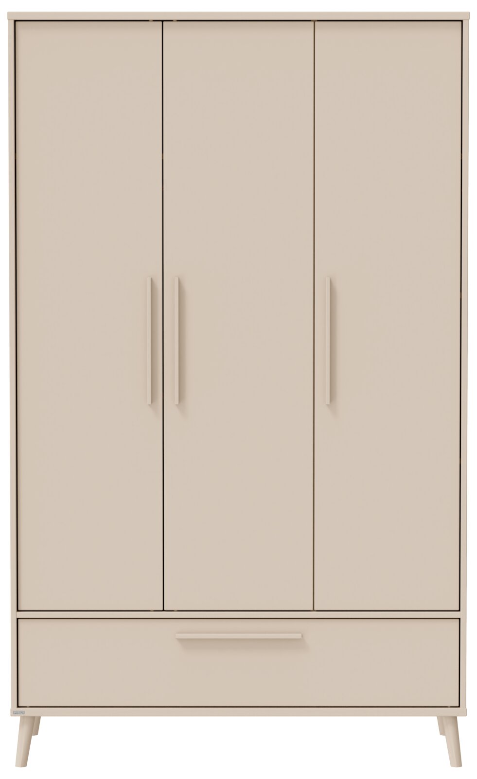 Beiger Kleiderschrank im minimalistischen Design mit drei Türen und großer Schublade unten, schlanke vertikale Griffe und leicht ausgestellte Füße, Frontansicht.