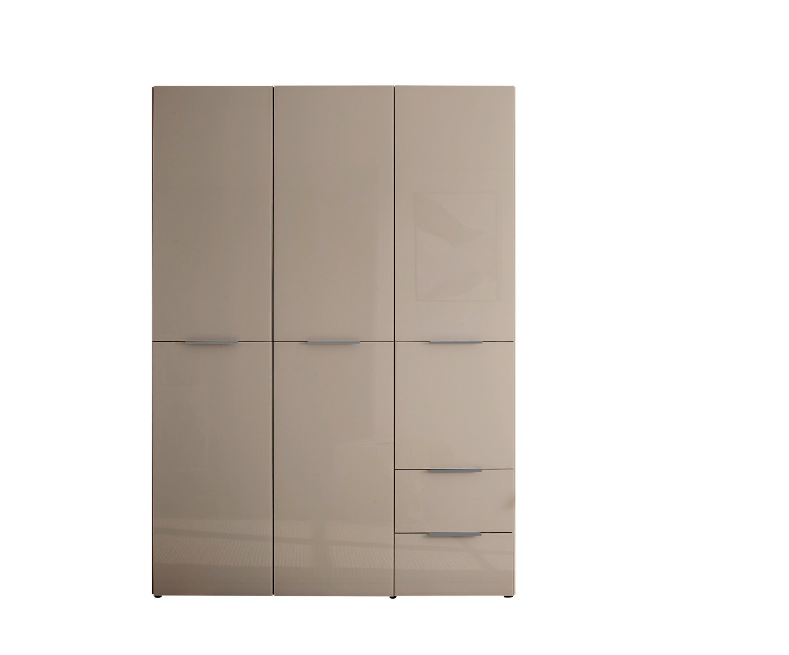 Moderner, hochglänzender Kleiderschrank in Beige mit drei Türen und integrierten Schubladen, frontale Ansicht.