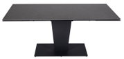 Moderne rechthoekige eettafel met donker tafelblad en centrale poot, gezien vanaf de voorkant.