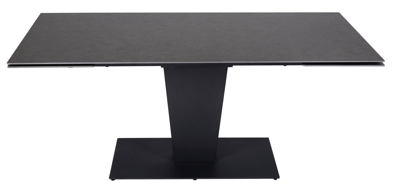 Moderne rechthoekige eettafel met donker tafelblad en centrale poot, gezien vanaf de voorkant.