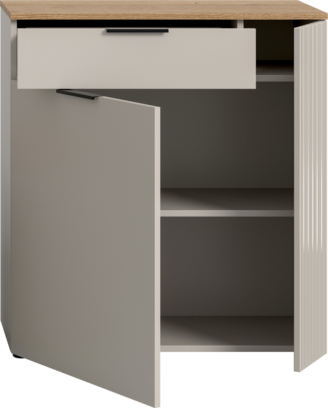 Kommode mit geöffneter Schublade und Tür, aus hellem Holz und grauem Material, Frontalansicht