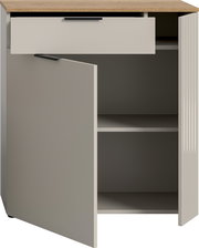 Kommode mit geöffneter Schublade und Tür, aus hellem Holz und grauem Material, Frontalansicht