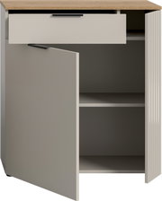 Kommode mit geöffneter Schublade und Tür, aus hellem Holz und grauem Material, Frontalansicht
