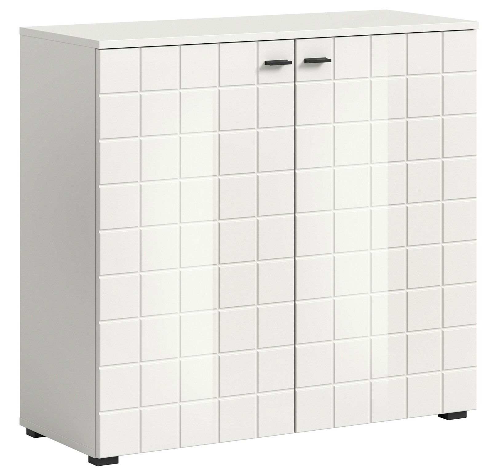 MID.YOU Kommode MONTE Weiße Kommode mit quadratischem Muster auf den Türen, frontal betrachtet.