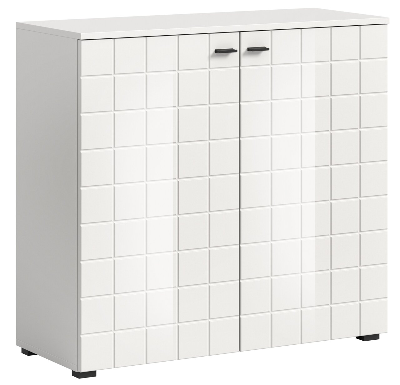 MID.YOU Kommode MONTE Weiße Kommode mit quadratischem Muster auf den Türen, frontal betrachtet.