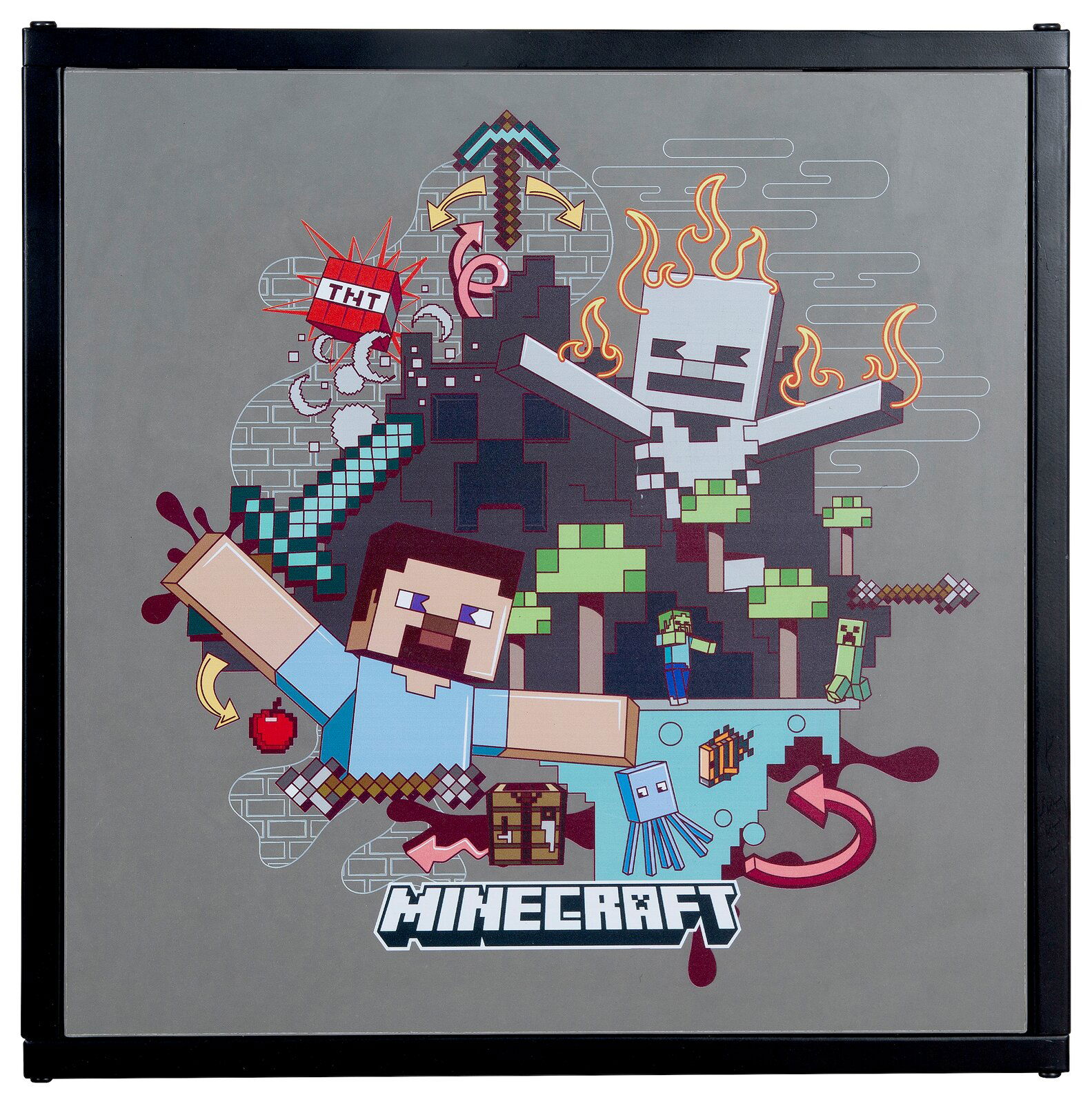 Frontansicht eines grauen Minecraft-Produkts mit schwarzem Rahmen und farbigem Minecraft-Motiv (Steve, Schwert, TNT, Ghast, Creeper) sowie Minecraft-Logo