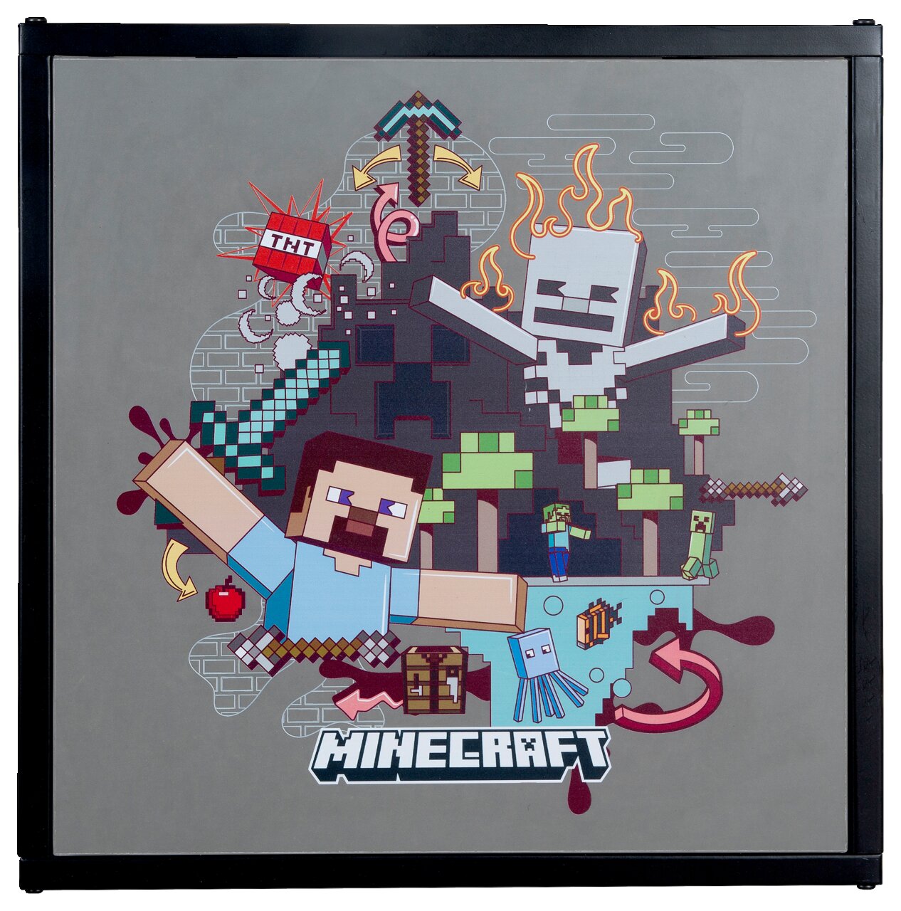 Vooraanzicht van een grijs Minecraft-product met een zwarte rand en een kleurrijk Minecraft-motief (Steve, zwaard, TNT, Ghast, Creeper) en het Minecraft-logo