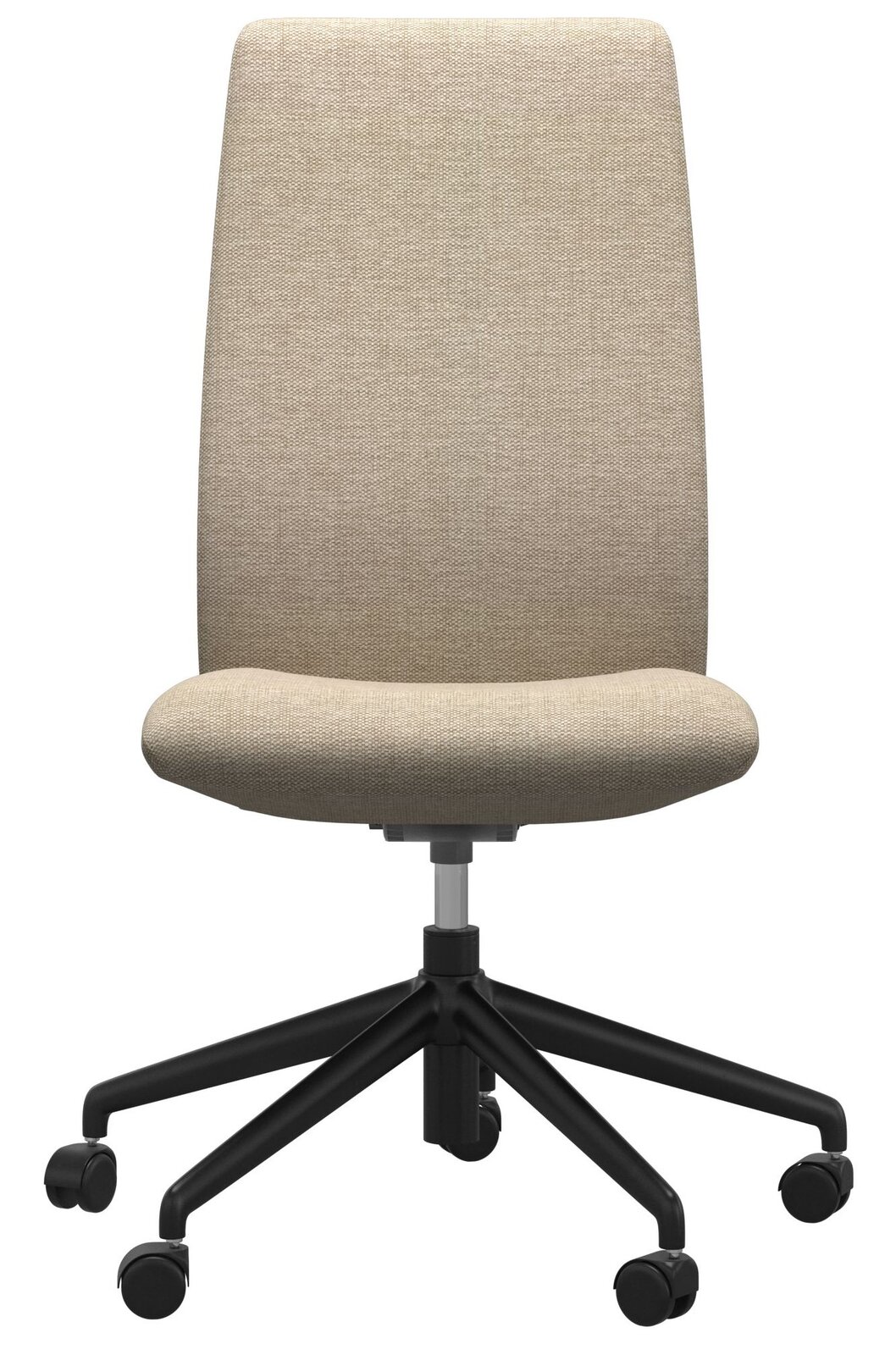 Moderner Home Office Stuhl in Beige mit schwarzem Drehfuß, Frontalansicht