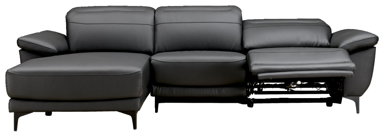 Grijze ligbankcombinatie met drie zitplaatsen, een ligbank aan de linkerkant en een relaxfauteuil aan de rechterkant, vooraanzicht.