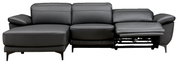 Grijze ligbankcombinatie met drie zitplaatsen, een ligbank aan de linkerkant en een relaxfauteuil aan de rechterkant, vooraanzicht.