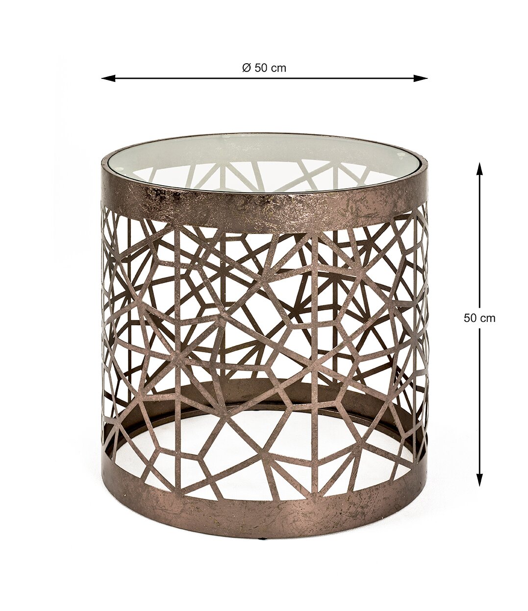 Runder Beistelltisch mit Glasplatte und bronzefarbenem Metallgestell im geometrischen Gitterdesign, Ø 50 cm und 50 cm hoch, freigestellt vor weißem Hintergrund, Frontalansicht leicht von oben.