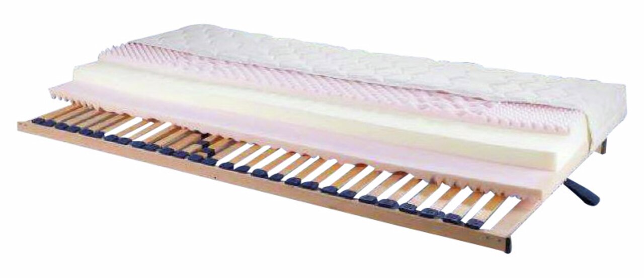 LOMOCO Matratzen-Rahmen-Set H3 ALOE TOP Seitliche Ansicht eines Matratzen-Rahmen-Sets H3 mit mehreren Schichten und einem Lattenrost.