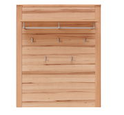Garderobenpaneel aus Holz mit mehreren Haken und einer Ablage, frontal betrachtet.