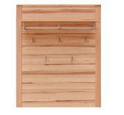 Garderobenpaneel aus Holz mit mehreren Haken und einer Ablage, frontal betrachtet.