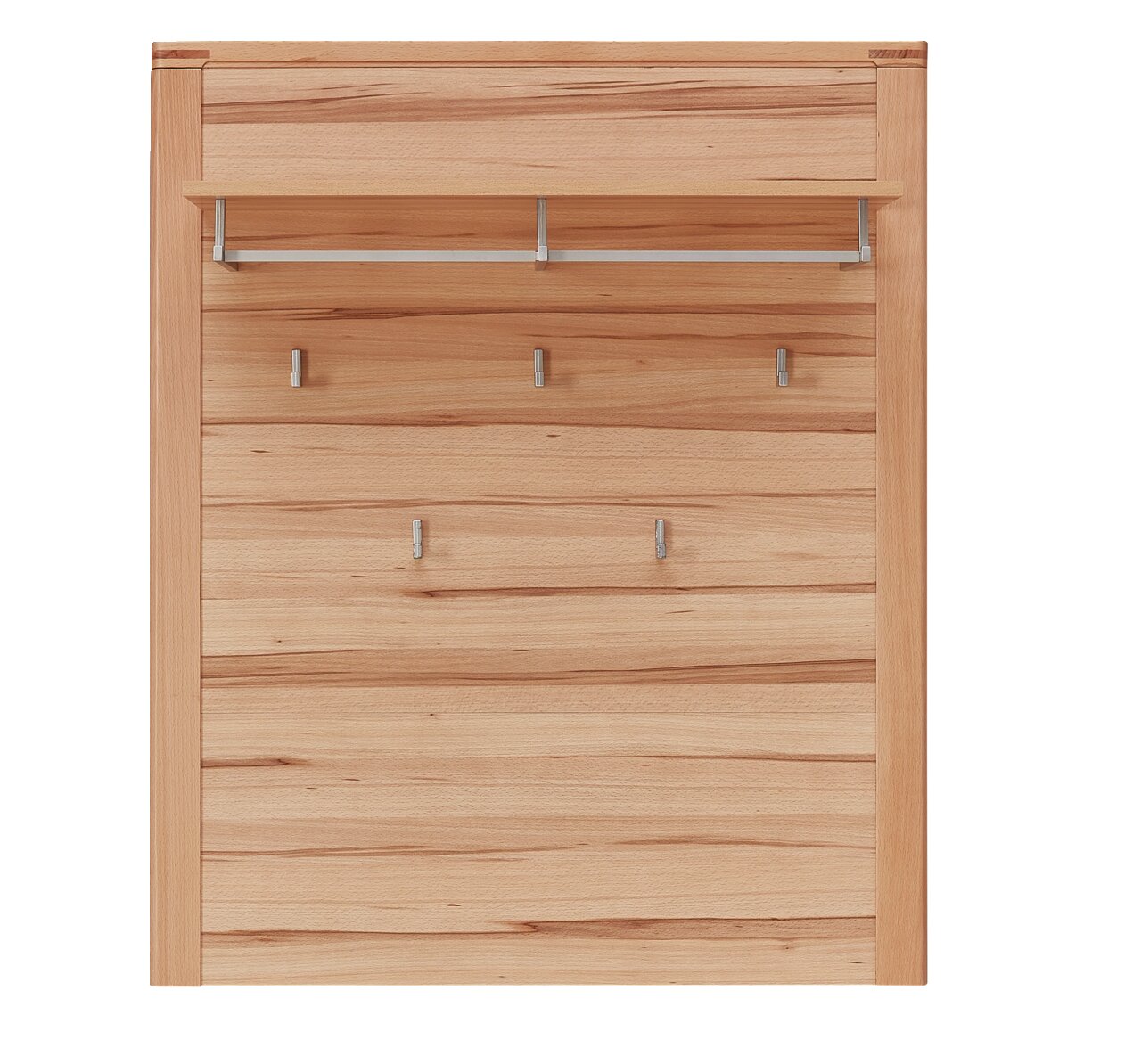 Garderobenpaneel aus Holz mit mehreren Haken und einer Ablage, frontal betrachtet.