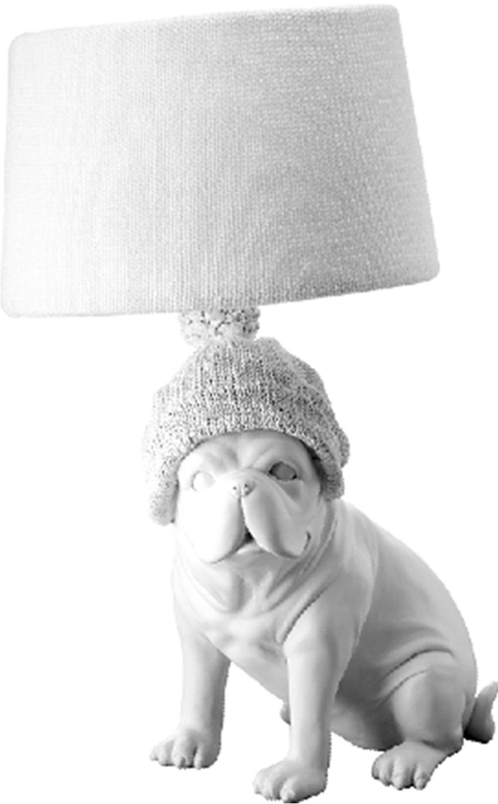 Tischleuchte in Form eines sitzenden Hundes mit gestricktem Hut und Lampenschirm, seitliche Perspektive